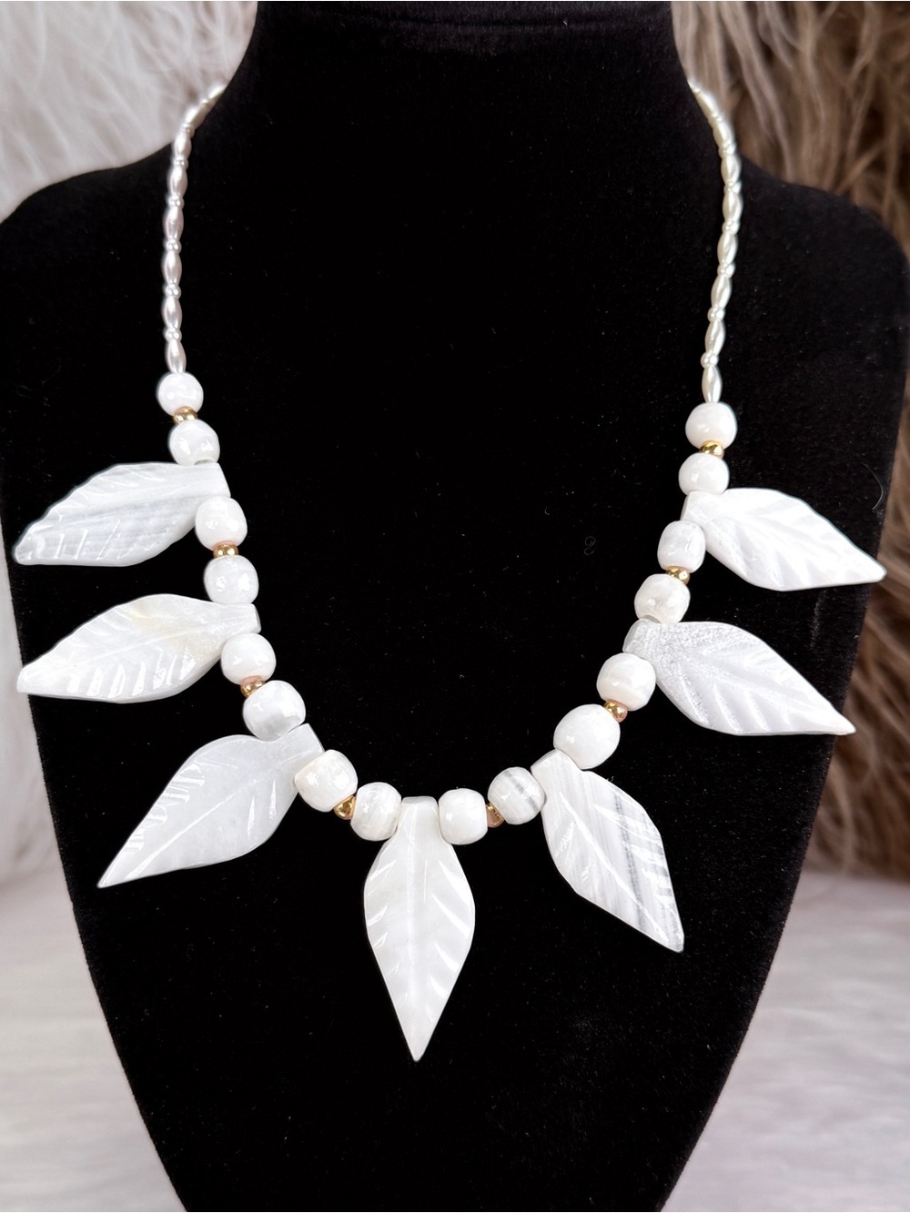 Vintage Carved White Leaf Statement Necklace Gold Tone Botanical Boho Nature